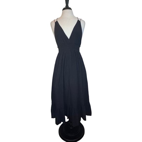 New SCOTCH & SODA Black Smocked Double Strap Tiered Midi Dress Sz FR 40 / US 10 - Picture 2 of 12